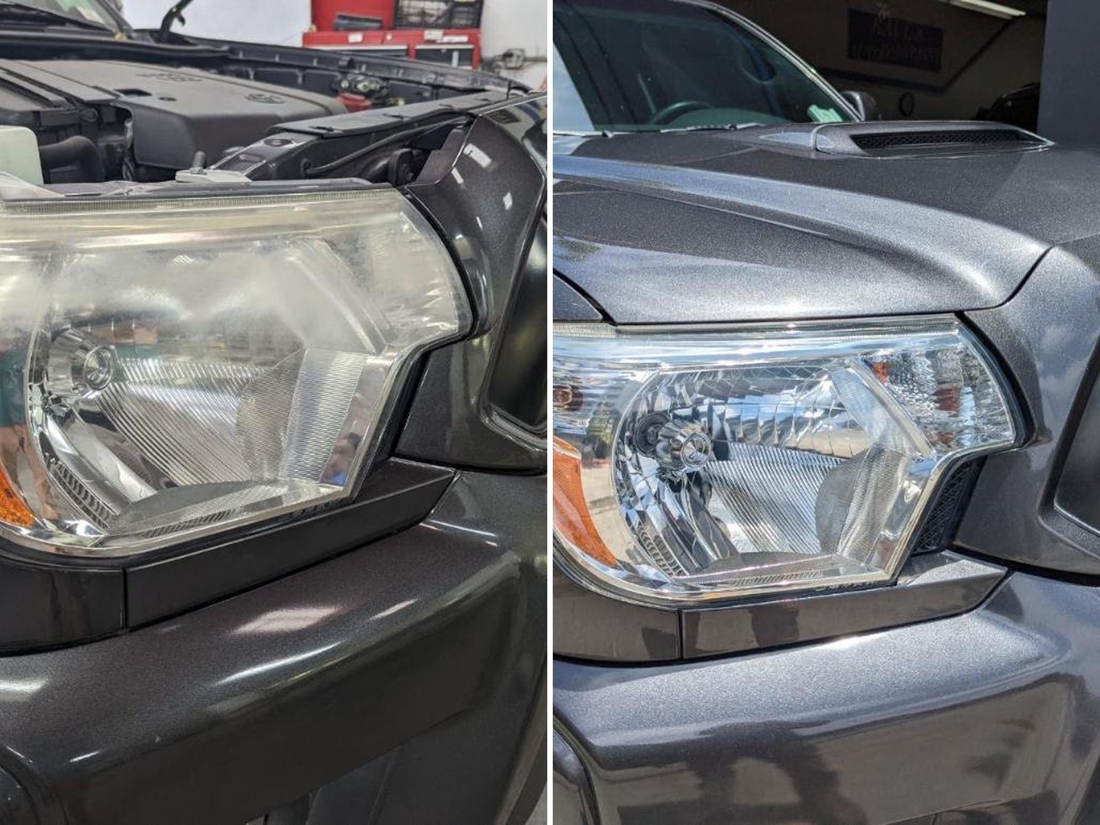 Headlight restoration on a gray Toyota Tacoma